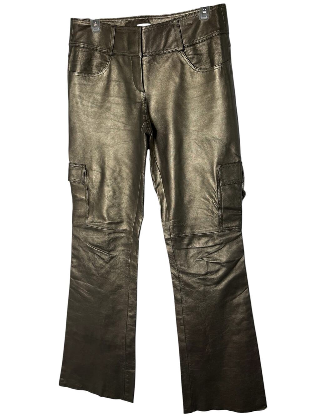 Vtg Cache Y2K Bronzed Gold Leather Flare Leg Cargo Pants Rocker Indie Sleaze 4